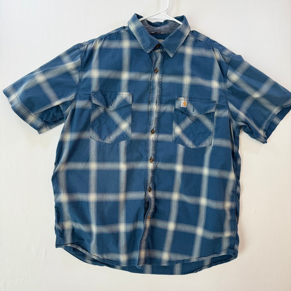 Carhartt Mens Blue Plaid Short Sleeve Button Down Work Shirt XL Regular 100317